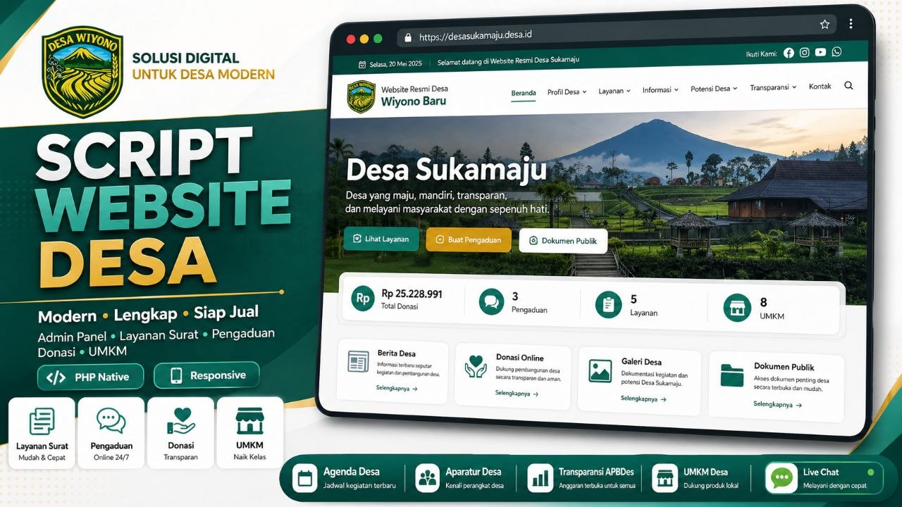 Script Website Desa Digital Terlengkap 2026 | Admin Panel, Layanan Surat, Pengaduan, Donasi & UMKM