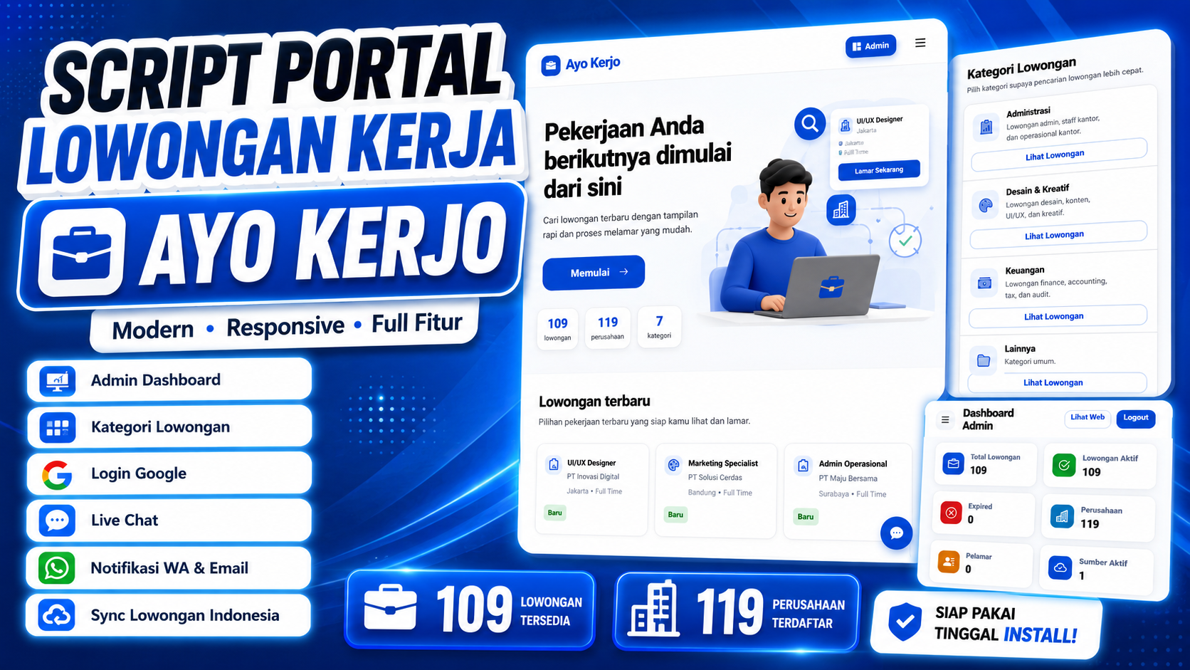 Script Job Portal CI4 Siap Pakai | Dashboard Admin, Google Login, Live Chat