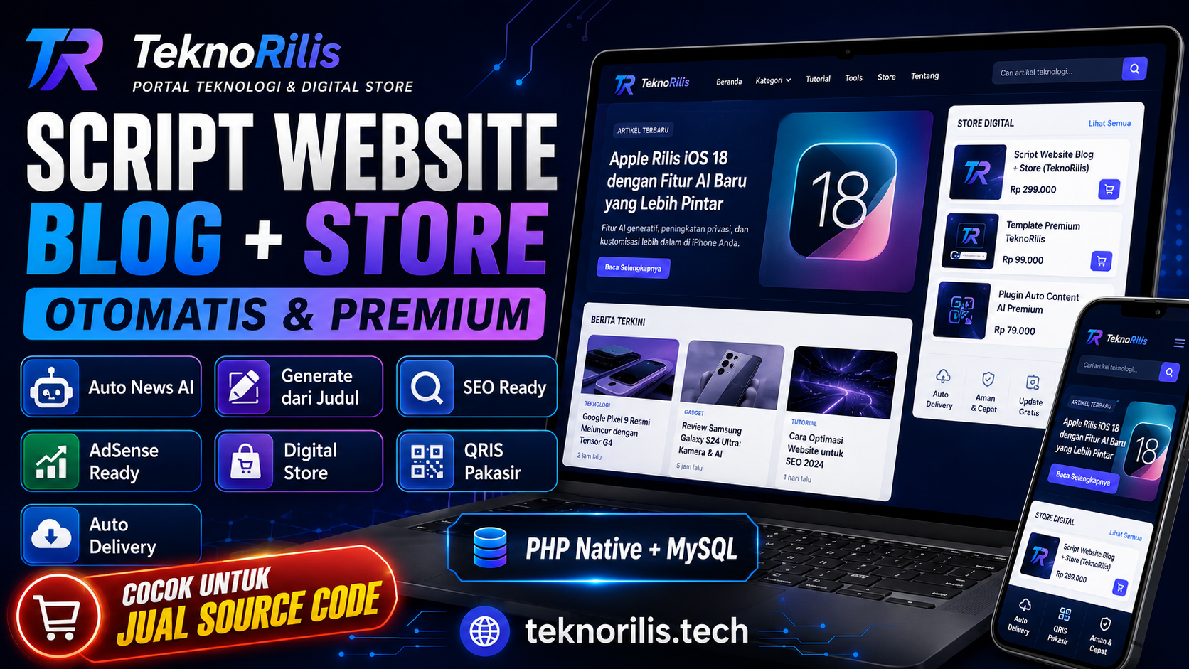 Script Website Blog + Store Otomatis Premium | Auto News AI, QRIS Pakasir & Auto Delivery