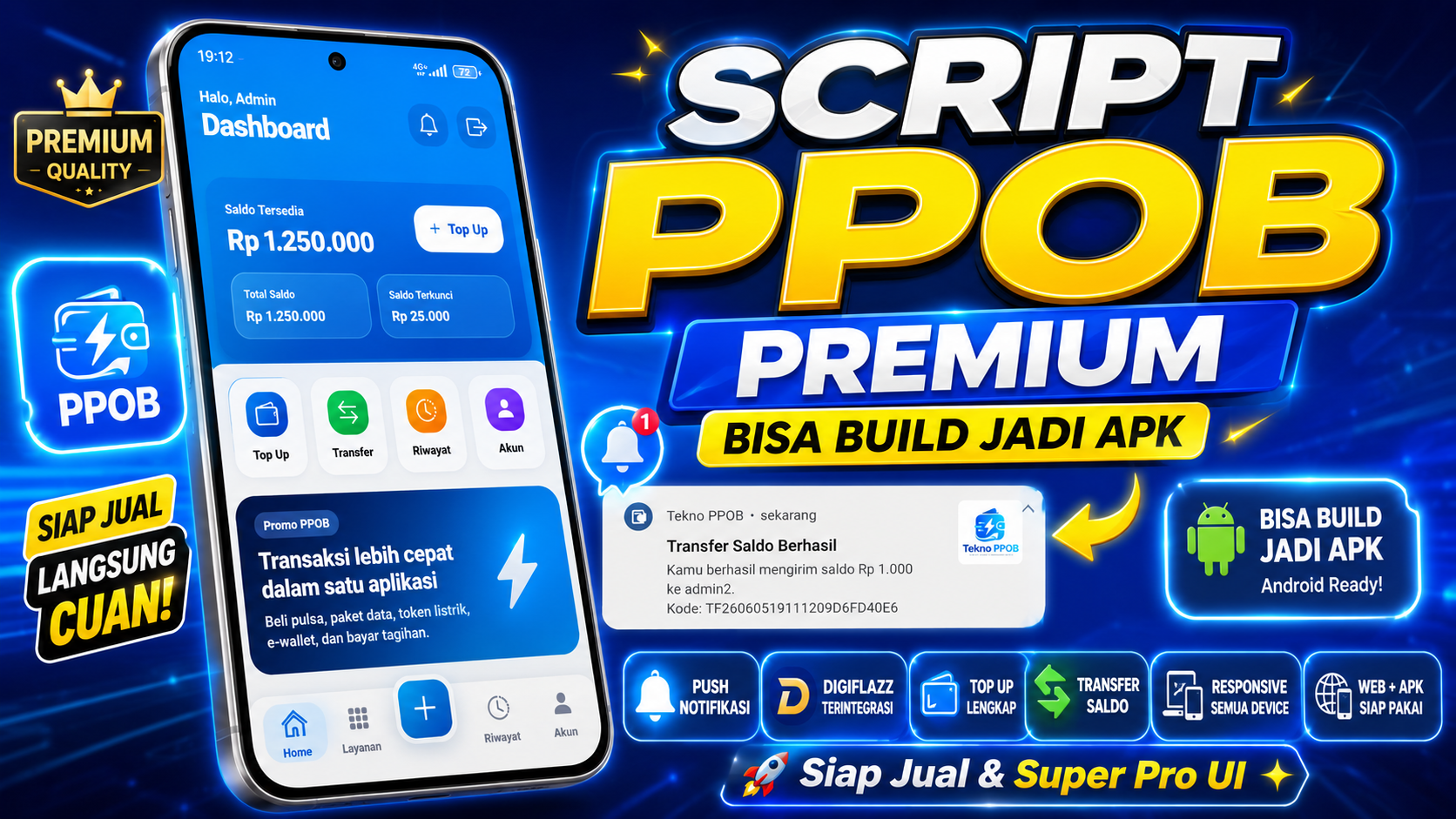 Script PPOB Super Pro UI — Web + APK Android, Digiflazz, Deposit, Transfer & Push Notifikasi
