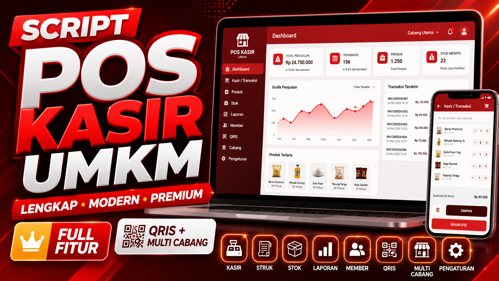 SCRIPT POS KASIR UMKM FULL FITUR | QRIS, Multi Cabang, Stok, Member, Hutang Piutang, Retur Supplier